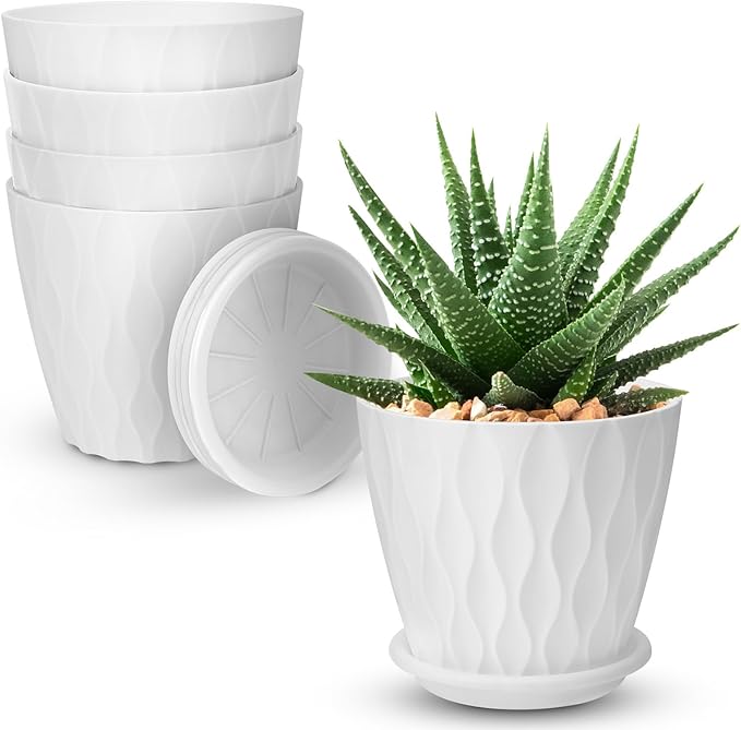 YNNICO 4 inch Plant Pots, 5 Pack Flower Pots Outdoor Indoor, Planters with Drainage Holes and Tray Saucersï¼Whiteï¼
