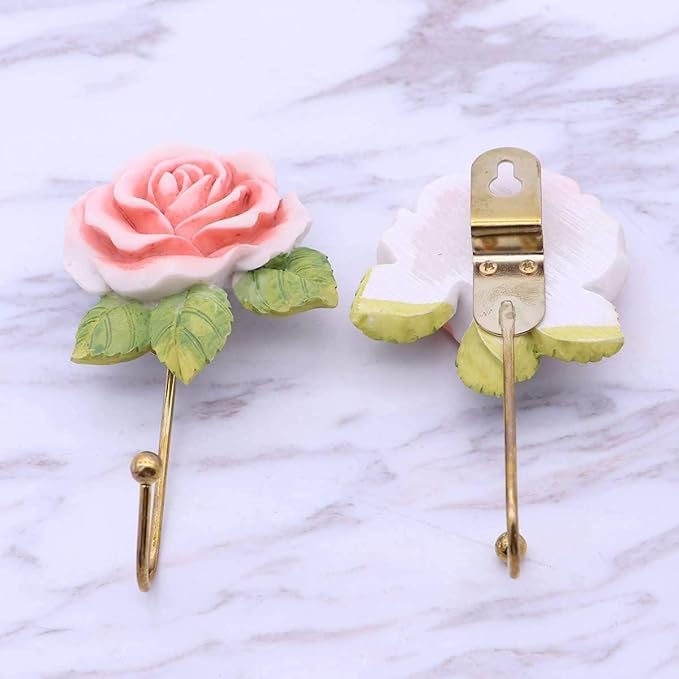 2 Pcs Pink Rose Decorative Wall Hooks, Fancy Resin Flower Towel & Key Hooks