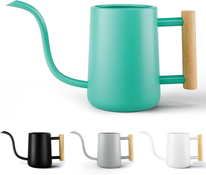 35 oz Metal Small Indoor Watering Can with Long Spout & Real Wood Handle for House Plants, Succulents, Cacti & Seedlings - Green Long Spout Watering Can Indoor Plants - Stylish, Gentle Flow, No Spills