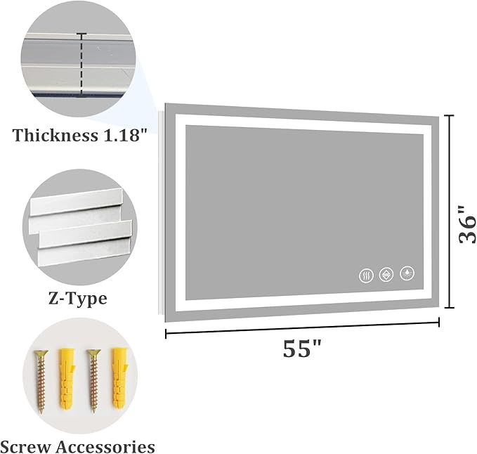 Koonmi 55"x36" LED Mirror for Bathroom, 90CRI Anti-Fog Vanity Mirror