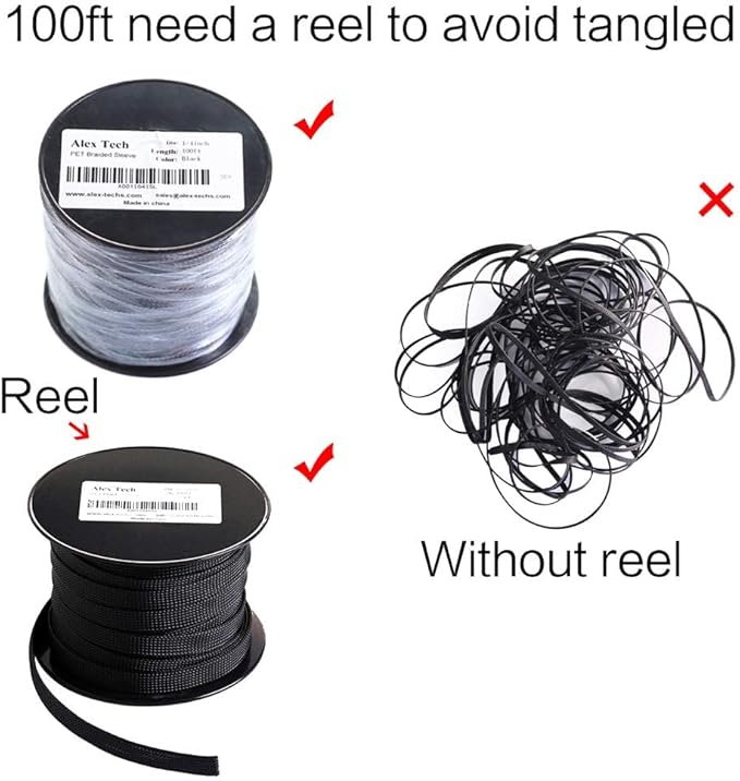 100ft - 1 inch PET Expandable Braided Sleeving – Black – Alex Tech Braided Cable Sleeve