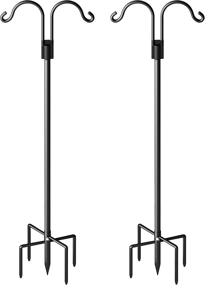 Double Shepherds Hooks for Outdoor, Heavy Duty Bird Feeder Pole with 5 Prong Base, Adjustable Shepards Hook for Outside, Garden, Weddings, Hanging Plant, 2 Pack