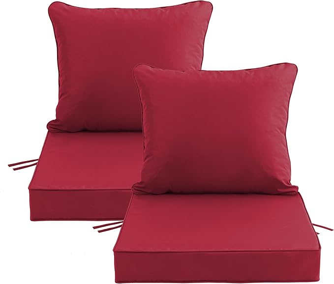 24x24 Inch Outdoor Chair Cushions Set of 2, Patio Furniture Cushions - Removable Cover, Water-Repellent, Fade-Resistant, Non-Slip Bottom & Straps, Replacement for Deep Seat Sofa & Couch - Burgundy