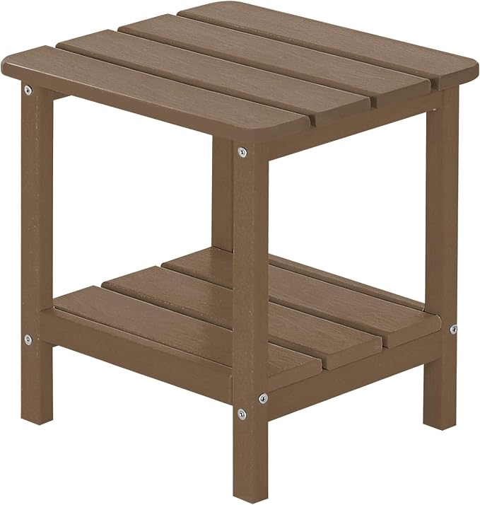 Outdoor Side Table HDPE Small Outdoor End Table Patio Side Tables Square for Backyard Pool Porch Balcony Double Layer Storage, Brown (Wood Grain Finish)