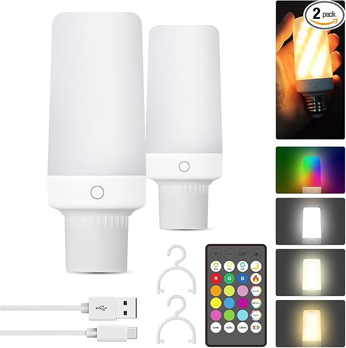 2PK Rechargeable Light Bulbs with Remote and Timer, Emergency Battery Operated Light Bulb for Lamp Sconce, Socket USB, 3 Color Temperatures + 12 RGB Colors Dimmable