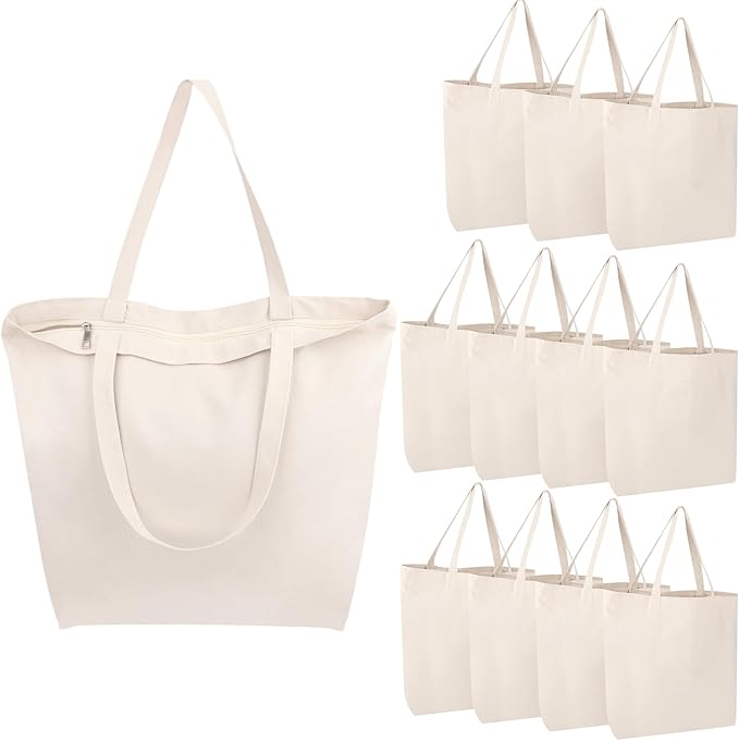 Segarty Canvas Bag with Zipper, 12 Pack 18x15 Blank Canvas Tote Bags for Women, Reusable Bags Aesthetic with Natural Cotton Cloth, Shoulder Strap, Bulk for DIY, Grocery, Beach, Travelï¼Gift