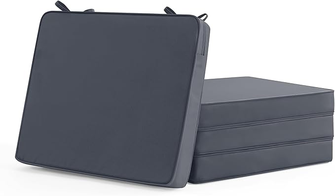 Outdoor Chair Cushions Set of 4: Waterproof & Fade Resistant Seat Cushion for Patio Furniture - 19 x 19 x 2 Inch Chair Pads with Ties and Hidden Zipper -Patio Chair Cushion Replacement, Dark Grey