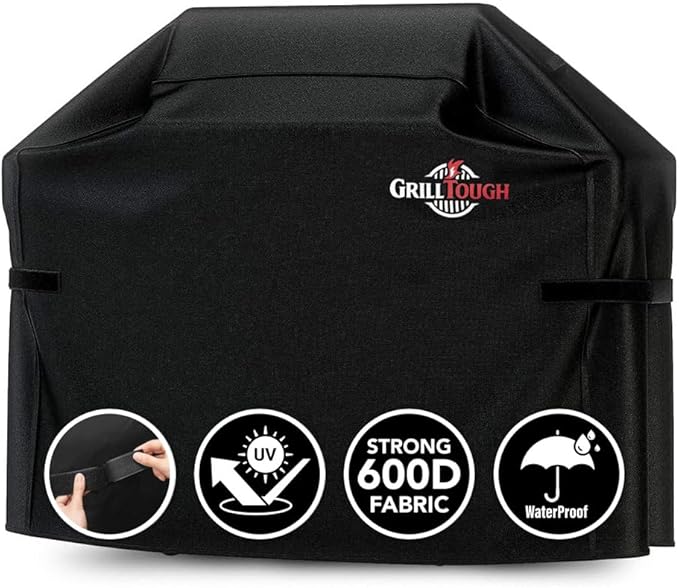 GrillTough Heavy Duty BBQ Grill Cover for Outdoor Grill, 64 Inch â Waterproof, Weather Resistant, UV & Fade Resistant with Adjustable Straps â Gas Grill Cover for Weber, Genesis, Charbroil, etc. Black