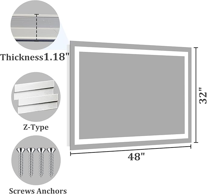 Koonmi 48"x32" LED Mirror for Bathroom, 90CRI Anti-Fog Vanity Mirror