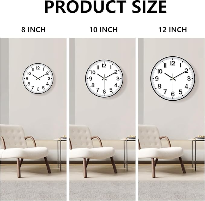 Black Wall Clock, 8 Inch Wall Clocks Battery Operated, Round Modern Non Ticking