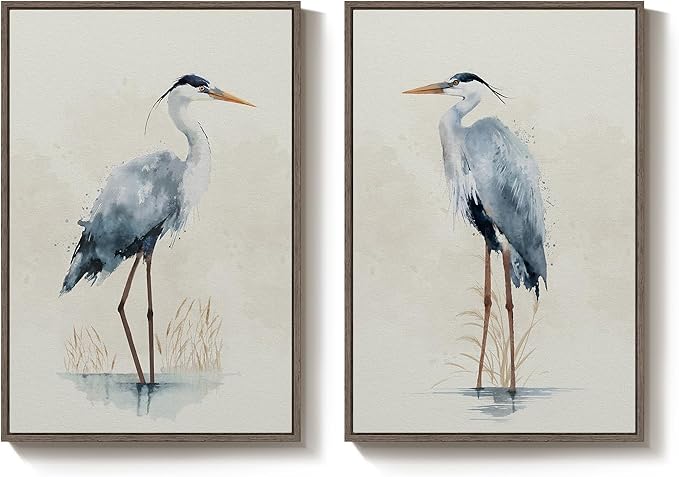 Large Framed Vintage Bird Wall Art, 2 Piece Neutral Blue Heron Canvas Painting