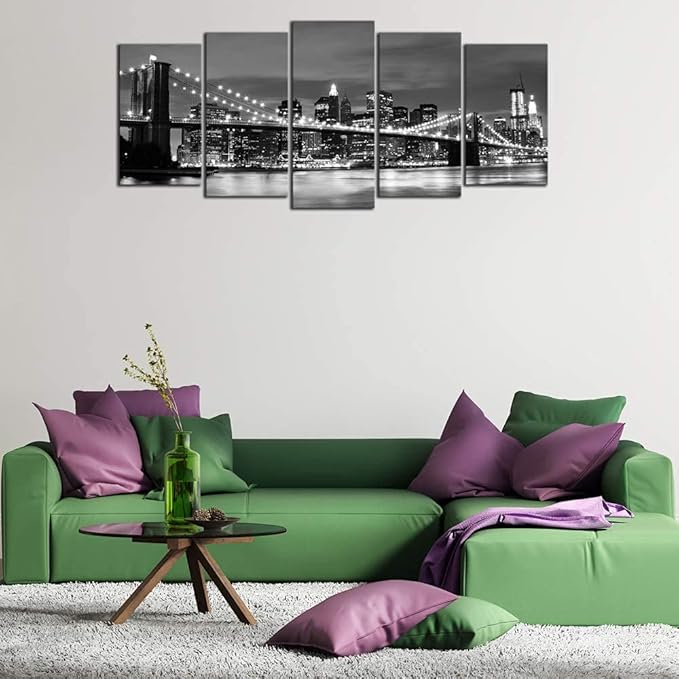 Wieco Art Large Brooklyn Bridge Night View Modern Giclee Canvas Prints Artwork