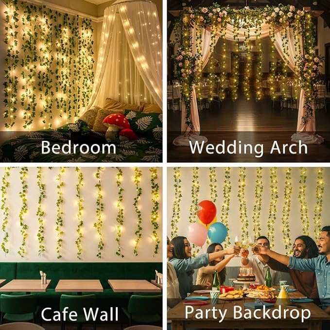suddus 200 LED Vine with Light Plug in, 6.5ft x 6.5ft Ivy Fairy Curtain Lights
