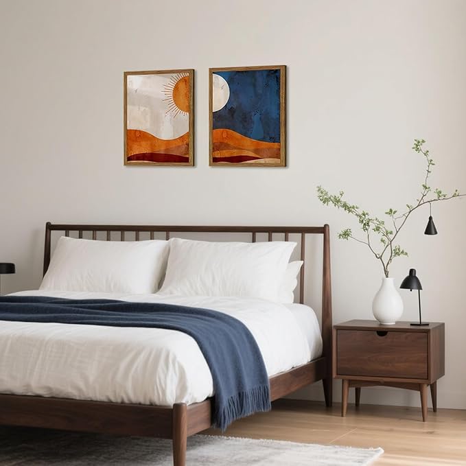 Framed Boho Sun and Moon Canvas Wall Art Set of 2, Vintage Western Desert