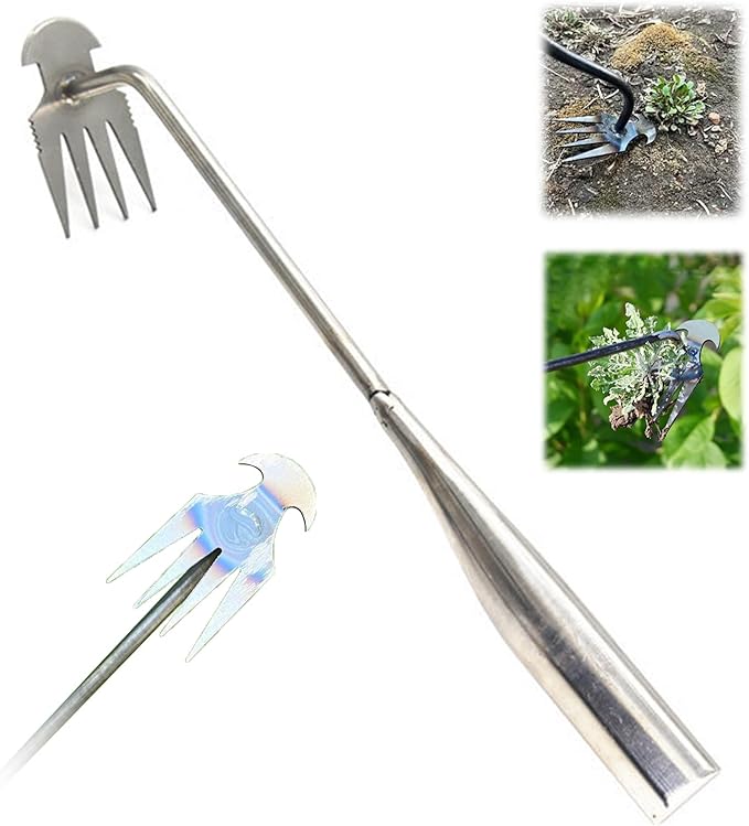 Amposei Weeding Artifact Uprooting Weeding Tool, Multifunctional Weeder, Hand Weeder Tool, Stand Up Weed Puller Tool with Handle for Garden Yard Farm Weed Removal (11in, Stainless Steel)