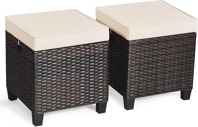 Tangkula 2 Pieces Outdoor Patio Ottoman, All Weather Rattan Wicker Ottoman Seat, Patio Rattan Furniture, Outdoor Footstool Footrest Seat w/Removable Cushions