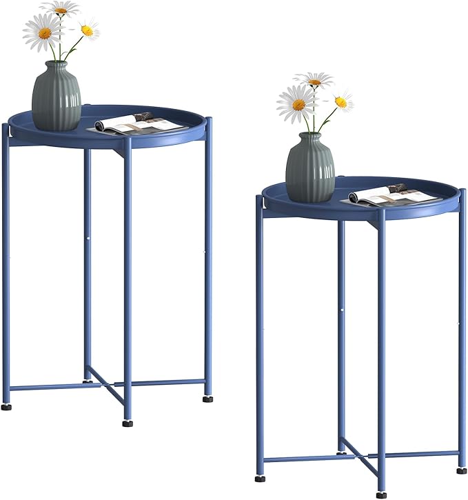 Garden 4 you Small Side Table, Blue Mini Round End Table, Tray Table with Metal Frame, Modern Nightstand for Living Room, Bedroom, Patio, Small Space, 2pcs