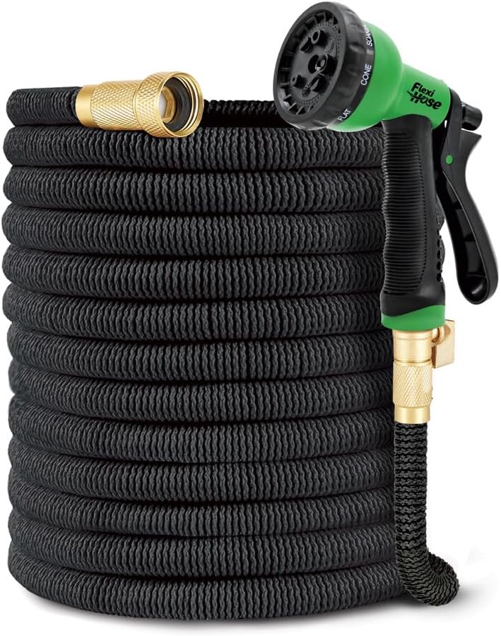 Flexi Hose PLUS with 8 Function Nozzle Expandable Garden Hose, Lightweight & No-Kink Flexible Garden Hose, 3/4 inch Solid Brass Fittings and Double Latex Core, 150 ft Black