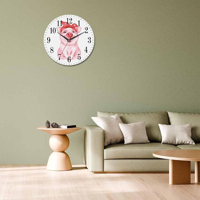Mxocom Pink Pig Wall Clock Funny Cartoon Pig Wearing Red Bandana 10 Inch Silent