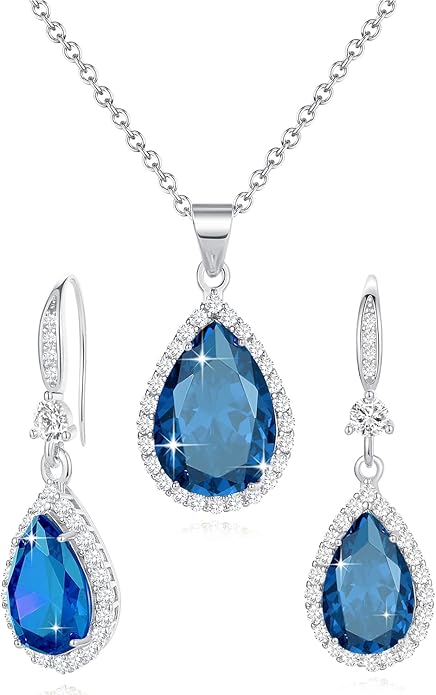 Sumonyo Women Jewelry Set Silver/Gold Plated Teardrop Pendant Necklace Dangle Drop Earrings Dangling Sets Birthstone Crystals Rhinestone,Birthday Anniversary Wedding Motherâs Day Gifts for Women