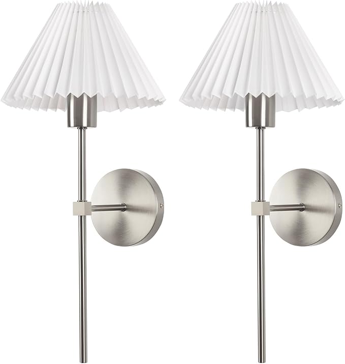 Wireless Wall Sconce Sets of 2, Pleated Shades Rechargeable Battery Operated
