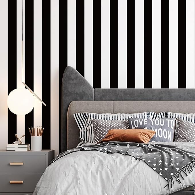 Jeweluck Black and White Wallpaper Peel and Stick Wall Paper 17.7”x393.7” Black