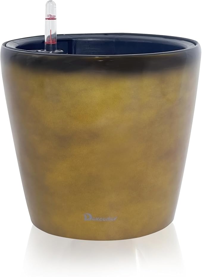 Dexceder 11x10 Inches Self Watering Planter Indoor Outdoor, Inner Pot Design, Thickened Table Flower Plant Pot with Water Level Indicator (Yellow Brown Gradient)