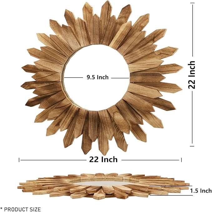 LOSOUR 2 Pack 22 Inch Boho Wall Sunburst Mirror Rustic Round Wood Decorative