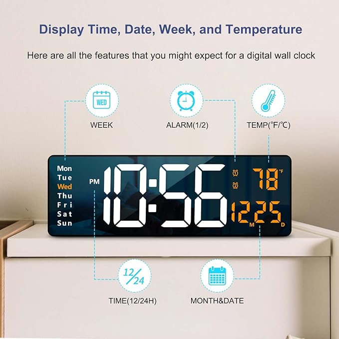 Digital Wall Clock Large Display, Auto Brightness Dimmer Reloj De Pared