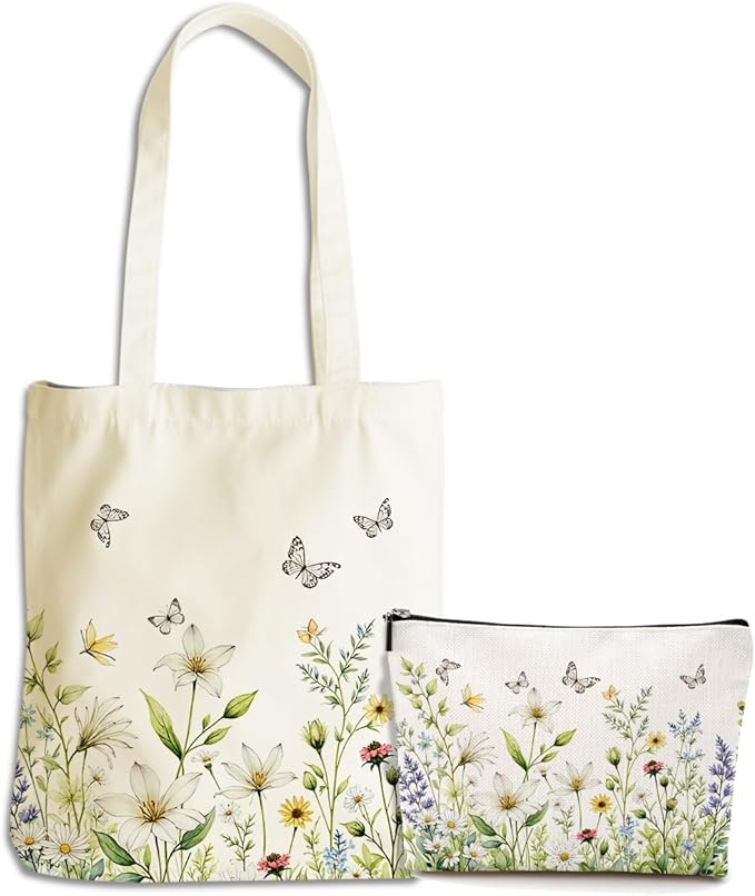 Flower Plant Lover Gifts for Women Canvas Tote Bag with Makeup Bag Cosmetic Bags Grocery Bags for Shopping Christmas
