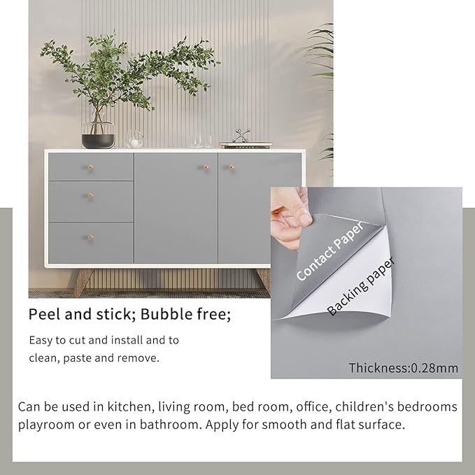 FUKU MON 24"x394" Grey Wallpaper Matte Solid Gray Contact Paper Self-Adhesive