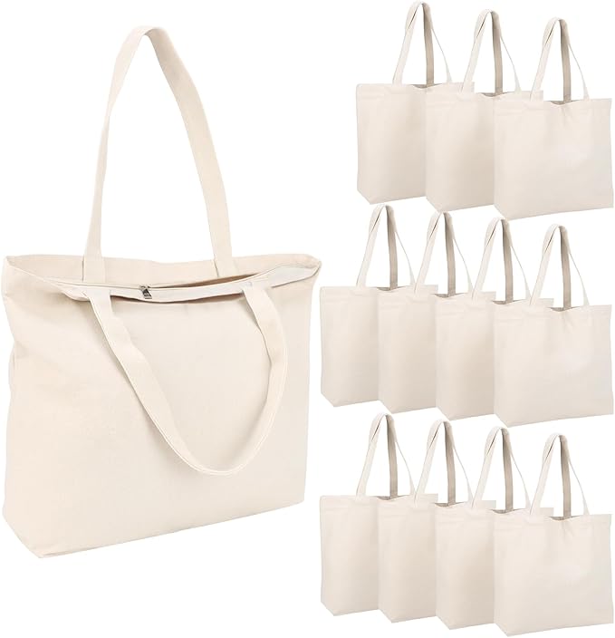 Segarty Canvas Tote Bag with Zipper, 12 Pack 16x13 Reusable Storage Bags for Women, Blank Canvas Tote Aesthetic with Natural Cotton Cloth, Shoulder Strap, Bulk for DIY, Grocery, Beach, Travelï¼Gift