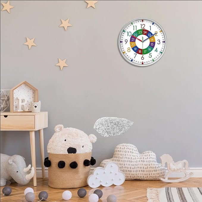 XFM Kids Wall Clock for Children's Bedroom 10 Inch Round Multi-Colored Learning