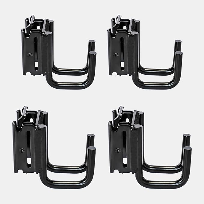 4-Pack E-Track Double Fitting J-Hooks, 2" Wide & 2" Deep Stable E Track Double J Hooks with Dual Fittings, Heavy Duty Shovel Hanger for Trailers, Trucks, Garden Tools Organizers Storage
