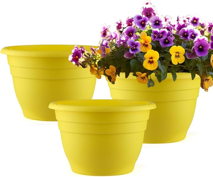 Plant Pots Set of 3, 11 Inch Round Flower Pots, Thickened Plant Planters with Drainage Holes, Garden Pots for Indoor Outdoor, ï¼3 Pack, Yellow