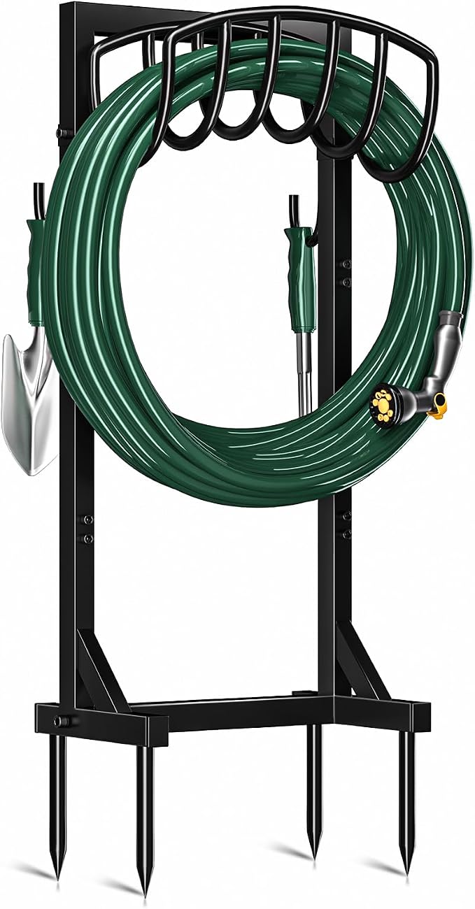 Kesfitt Garden Hose Holder Stand with 4 Spikes & 2 Tool Hooks, Detachable Heavy Duty Metal Freestanding Hose Reel Outdoor Organizer for Lawn Yard Water Storage Rack