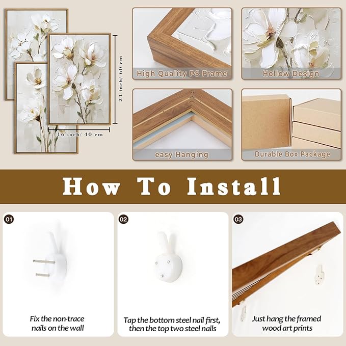 FWIEXA 3D Beige White Floral Canvas Wall Art Set 3,Texture Neutral Flower Framed Prints,Modern Abstract Aesthetic Botanical Paintings,16x24In Watercolor Minimalist Magnolia Artwork for Living Room,Bedroom,Office