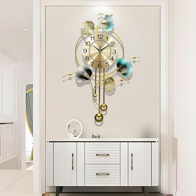 Wall Clocks for Living Room Decor, Unique 3D Metal Iron Ginkgo Leaf Wall Art