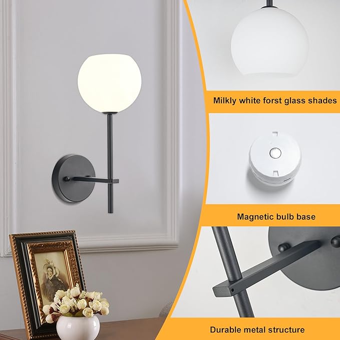 Black Battery Operated Wall Sconces Set of 2, Rechargeable Wireless Wall Lights