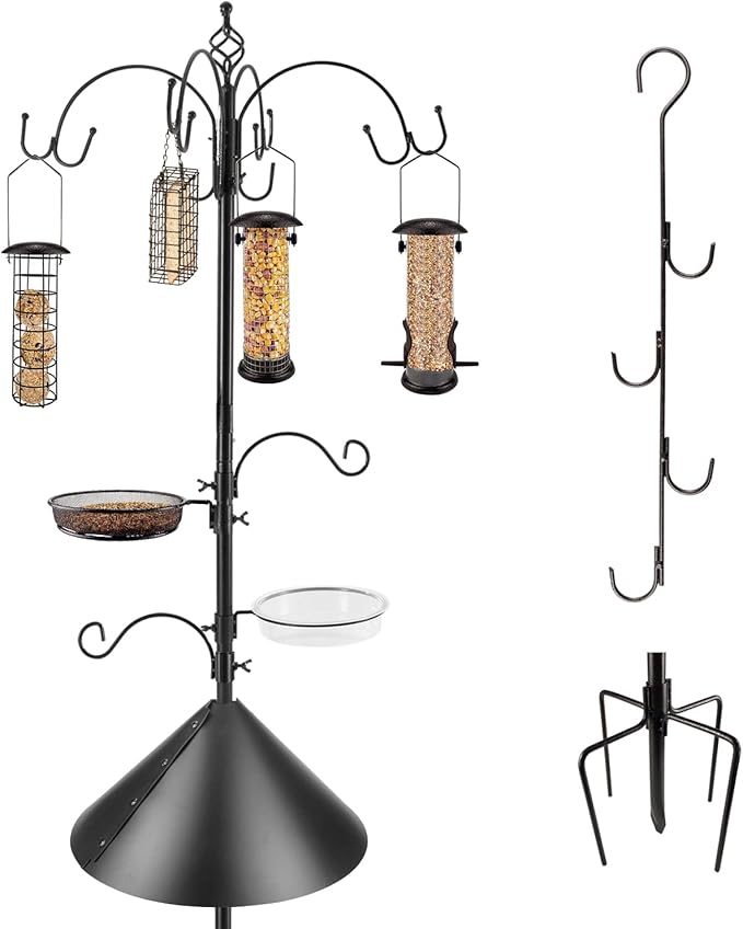Bird Feeding Station Kit Bird Feeder Pole Wild Bird Feeder Kit with Squirrel Baffle and Suet Cage Mesh Tray Fruit Hook Double W Hook for Attracting Wild Birds