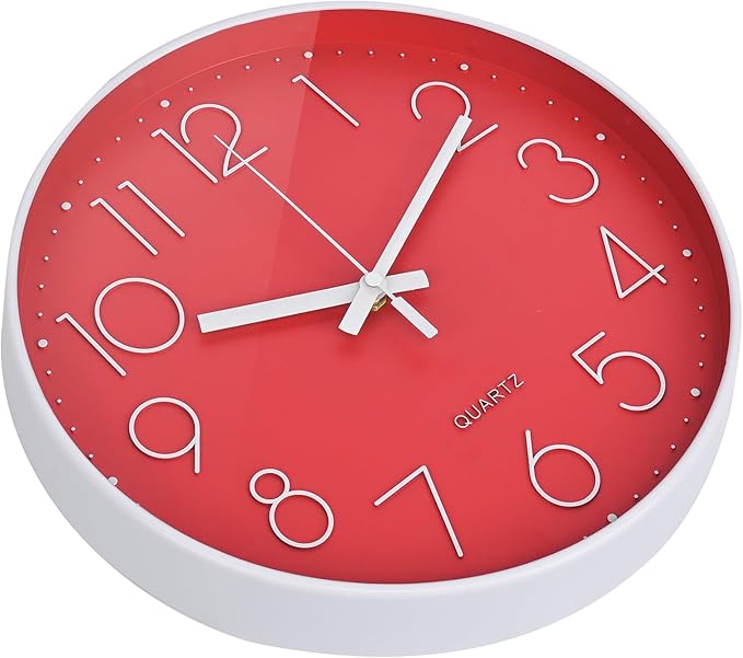 Red Wall Clock 12 Inch Silent Non-Ticking Modern Quartz Wall Clocks Battery