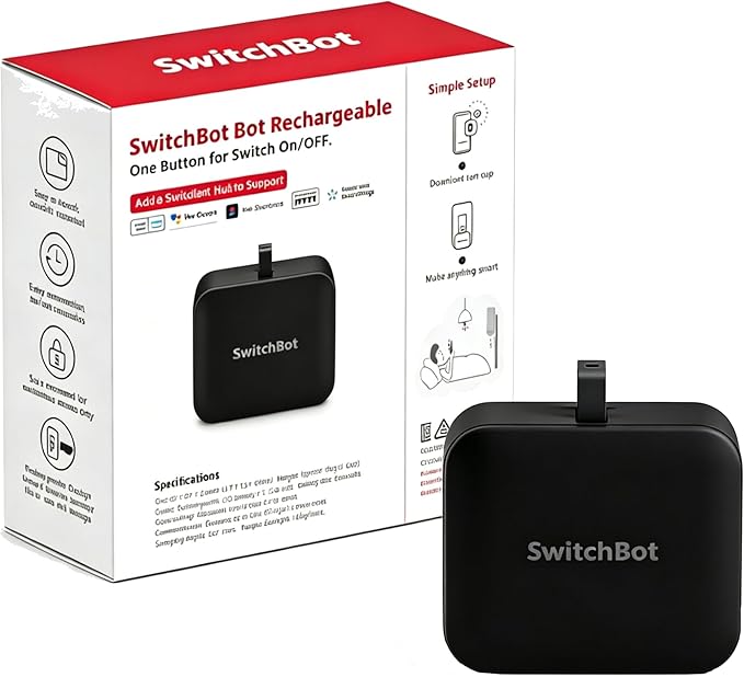 SwitchBot Rechargeable Smart Switch Button Pusher (Bluetooth) â Fingerbot for Rocker/One-Way Buttons, App Timer Control, No Wiring, Optional Hub for Voice/Remote, Black