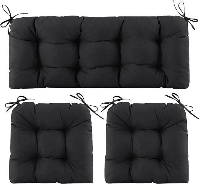 Wicker Chair Cushions of 3 Pieces, Waterproof Cushions for Patio Furniture, Tufted Wicker Outdoor Furniture Cushions, 1 Patio Loveseat Cushion and 2 U-Shaped Cushions, 44"x19"x5", Black