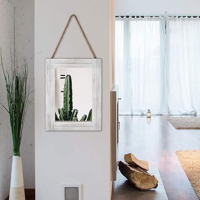 Rectangle Wall Mirror for Bathroom, Distressed White Wood Decor
