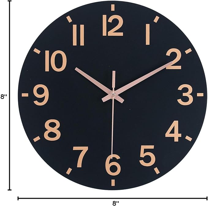 HZDHCLH Wall Clock 8 Inch Silent Non Ticking Wood Battery Operated Black Wooden