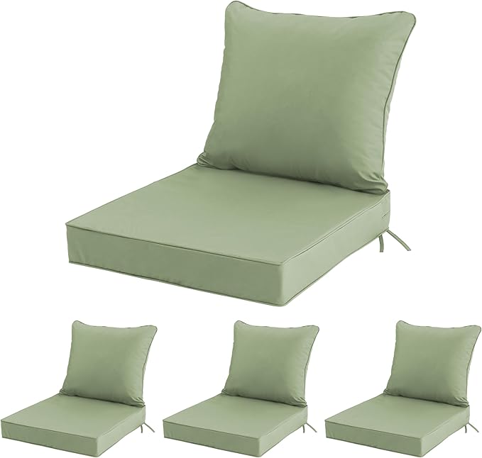 22x22 Inch Patio Chair Cushions Set of 4, Outdoor Furniture Cushions - Removable Cover, Water-Repellent, Fade-Resistant, Non-Slip Bottom & Straps, Replacement for Lawn, Porch & Deck Chair - Sage Green