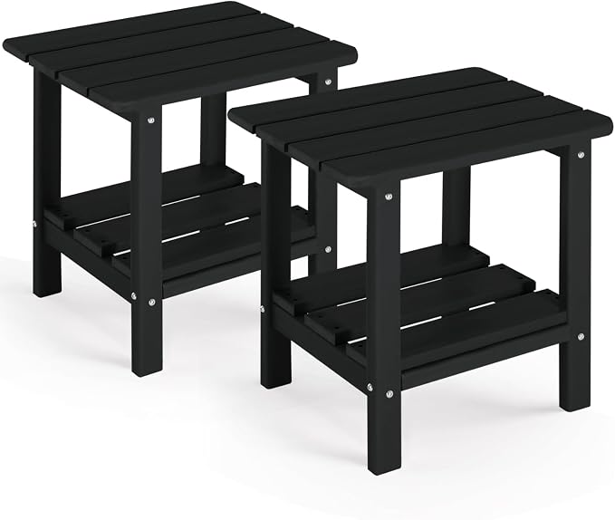 Outdoor Side Table Set of 2 - HDPE Small End Table - Patio Side Tables Square for Backyard Pool Porch Balcony - Indoor Outdoor Double Layer Storage - Black