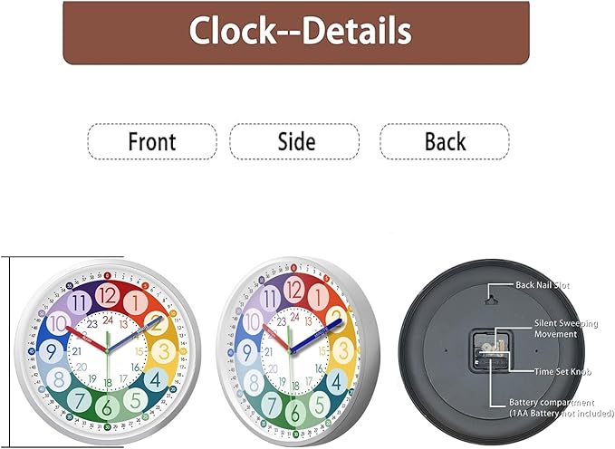XFM Learning Clock for Kids 8 Inch Silent Wall Clocks Battery Operated Colorful