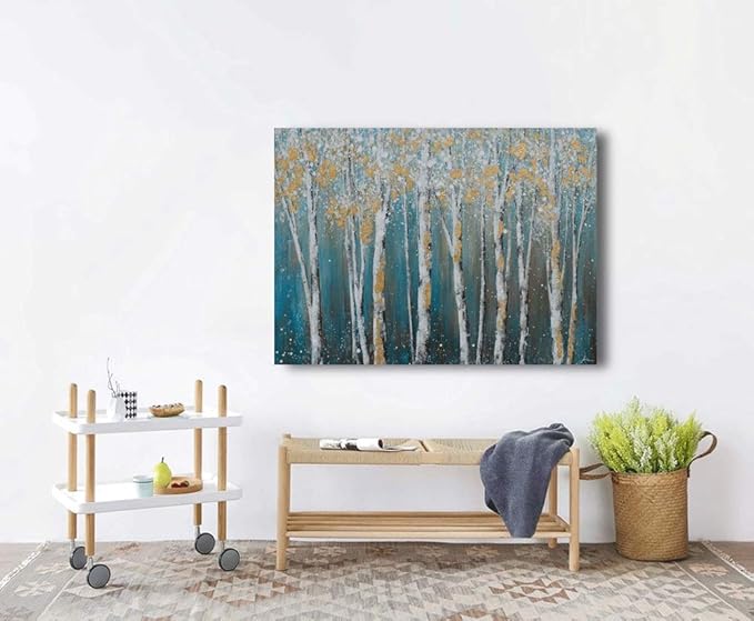 Yihui Arts Canvas Wall Art White Grey Birch Trees Branches Painting Gold Foil