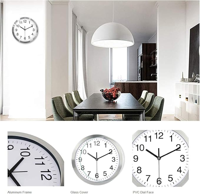 SIN&MI Wall Clock Metal Frame Glass Cover Non-Ticking Number Quartz Wall Clock
